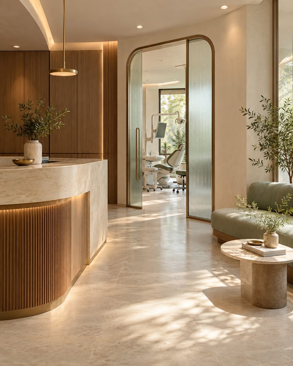 Illustration of an imagined clinic: a reception desk in warm stone and walnut, with a treatment room visible through an arched glass doorway