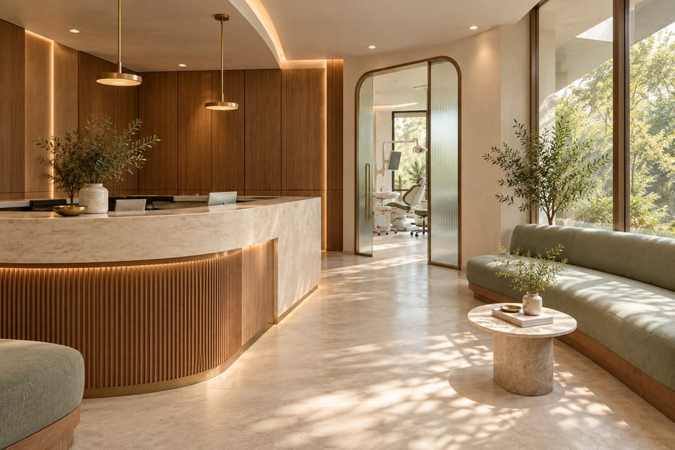 Illustration of an imagined clinic: a reception and waiting area with a curved stone desk, sage-green seating and tall windows