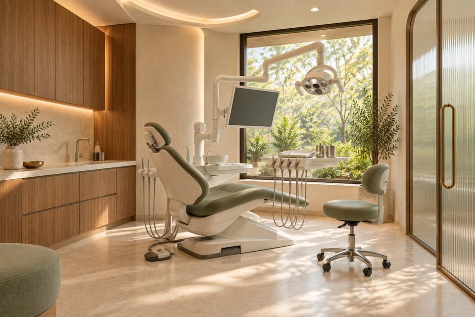 Illustration of an imagined clinic: a treatment room with a sage-green dental chair beside a large garden window