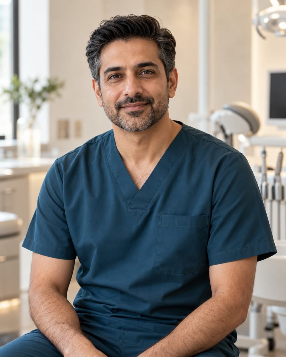 AI-generated portrait of a fictional sample clinician, a man with short dark hair wearing deep teal scrubs